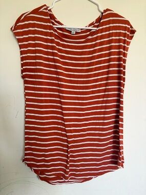 Striped Orange White Scoop Neck Sleeveless Made In USA Western Biker Boho Basic
